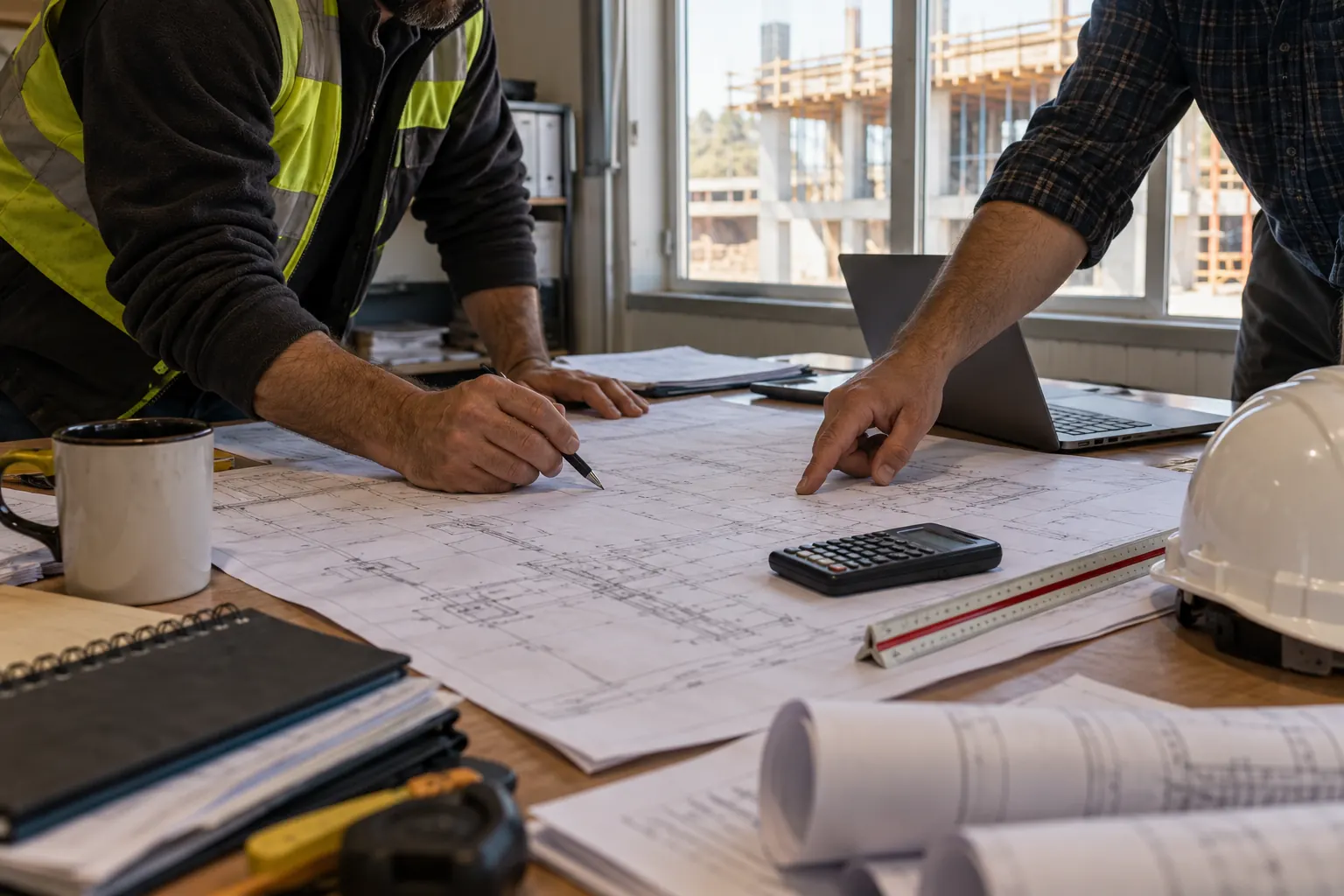 Two engineers comparing structural drawings and cost figures in a site office