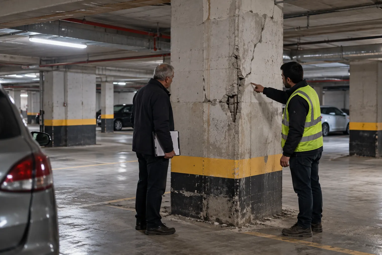 Building manager and structural engineer inspecting a cracked column in an apartment basement