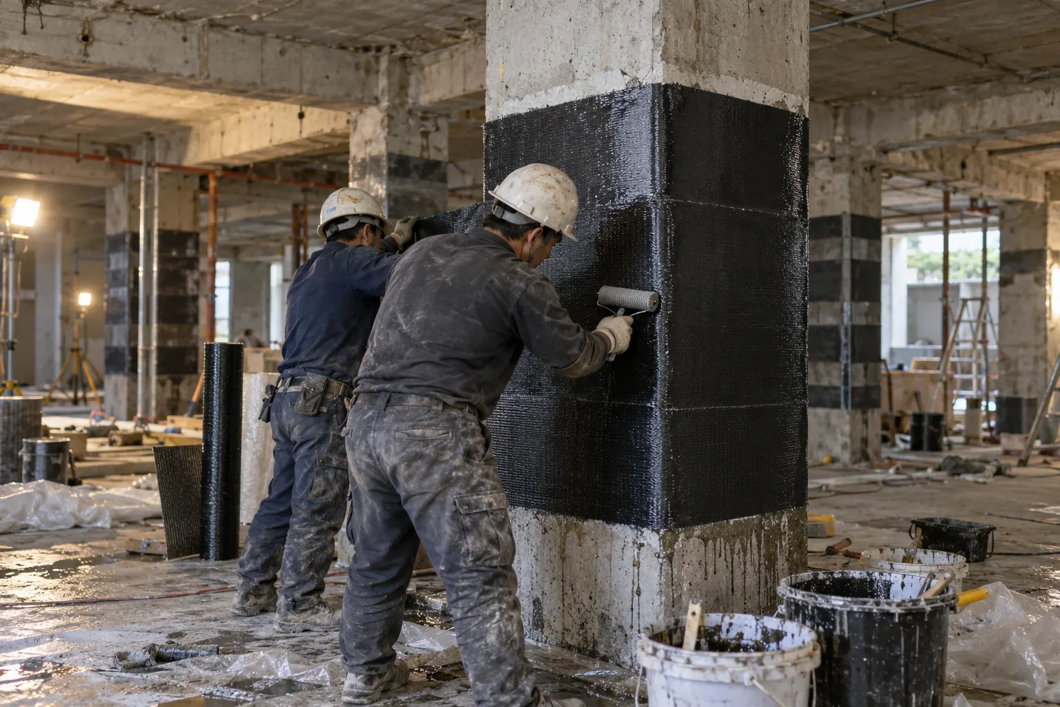 Workers wrapping a reinforced concrete column with carbon fiber (CFRP) sheets for seismic strengthening