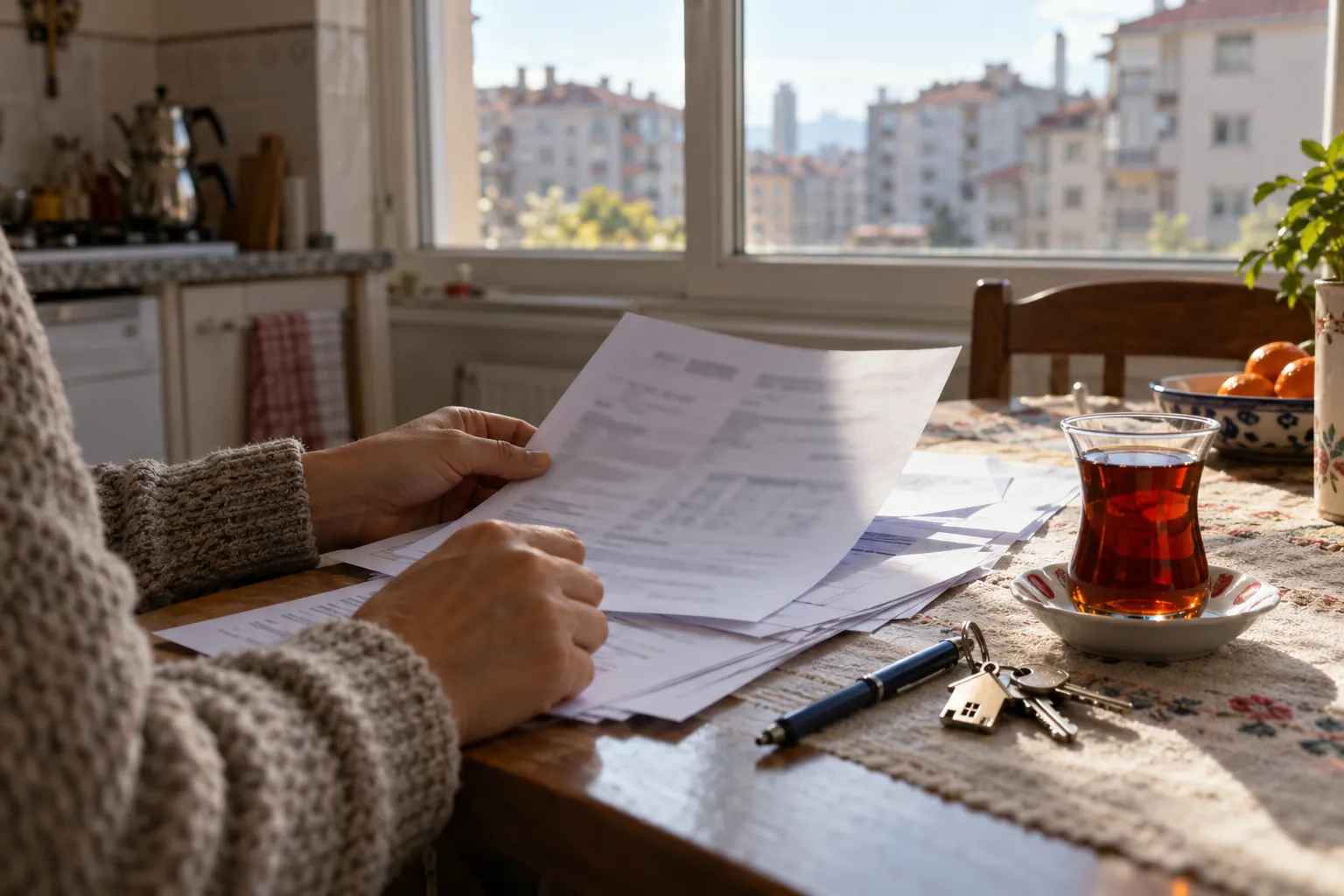 Homeowner reviewing an earthquake insurance policy at a kitchen table in a Turkish apartment