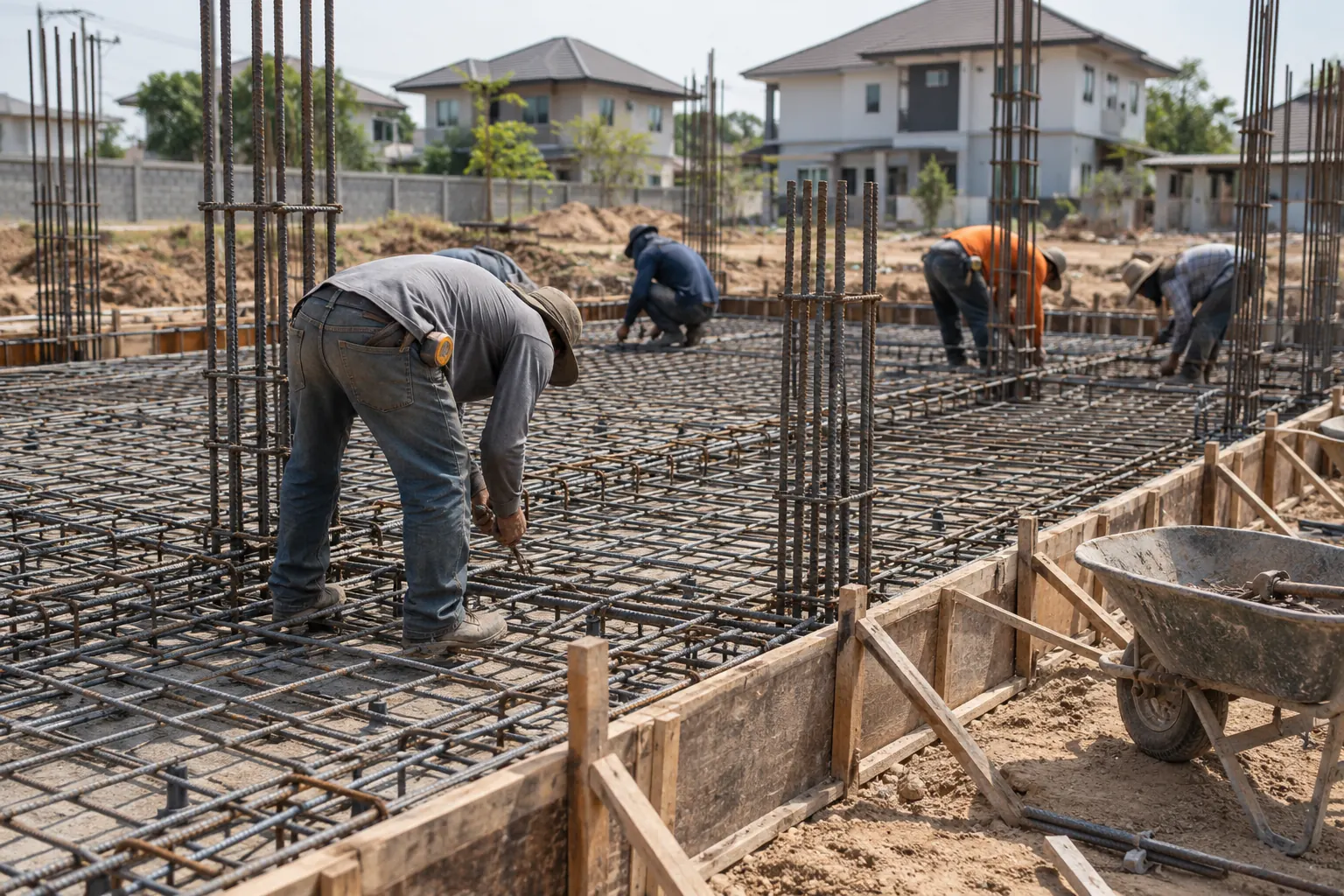 Workers tying rebar for the reinforced concrete foundation of an earthquake resistant house
