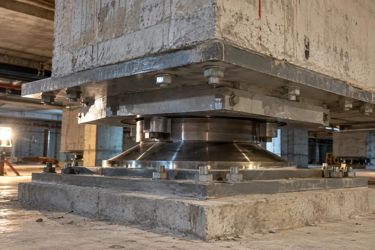 Friction pendulum sliding isolation bearing installed under a concrete column