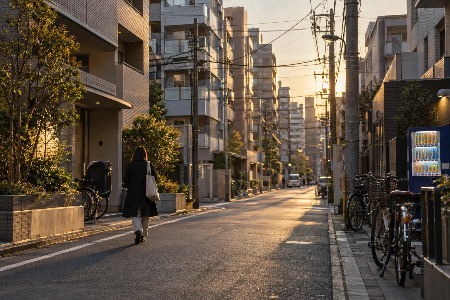 Residential street in Tokyo lined with modern mid rise apartment buildings