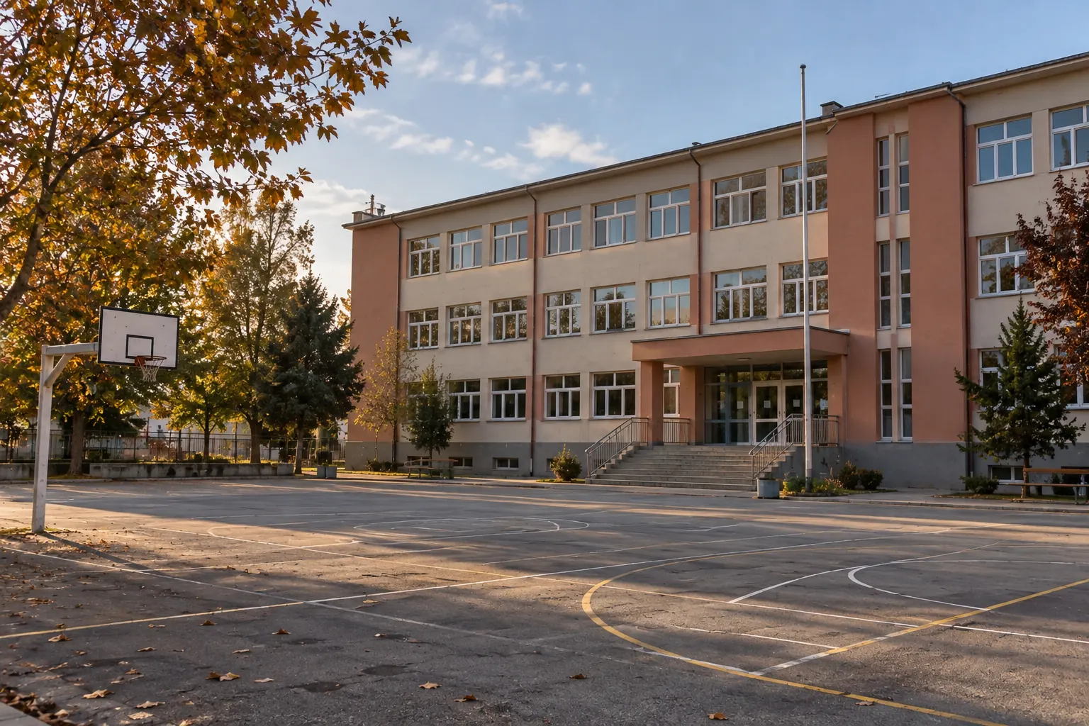 Three storey public school building with an empty schoolyard