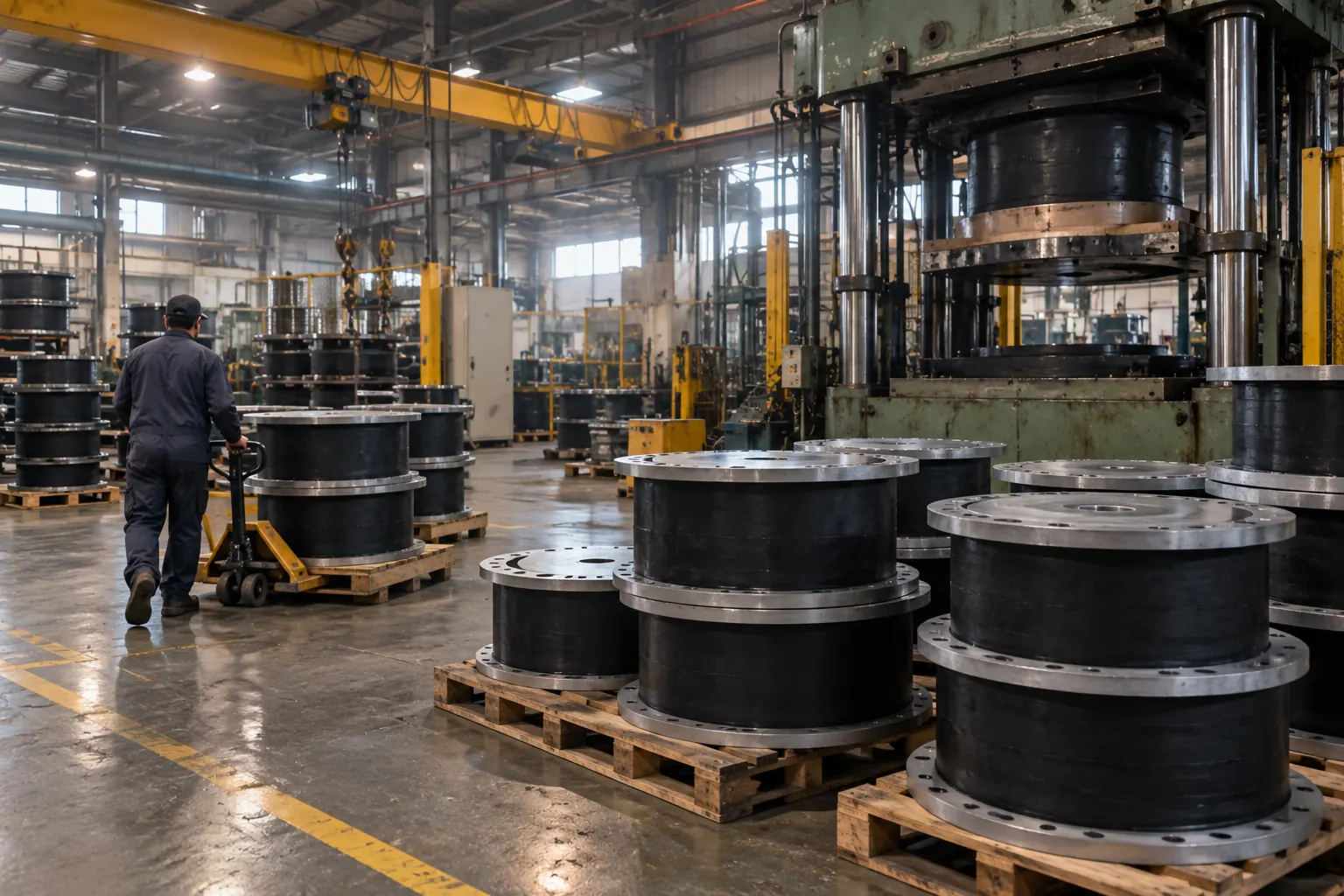 Finished rubber seismic isolation bearings stacked on pallets in a manufacturing plant