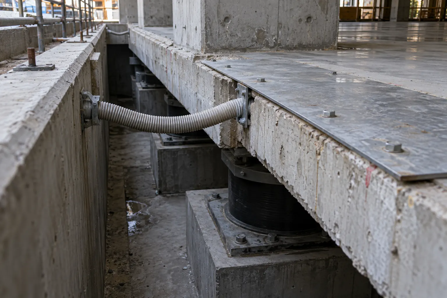 Isolation moat around a base isolated building with a flexible utility crossing