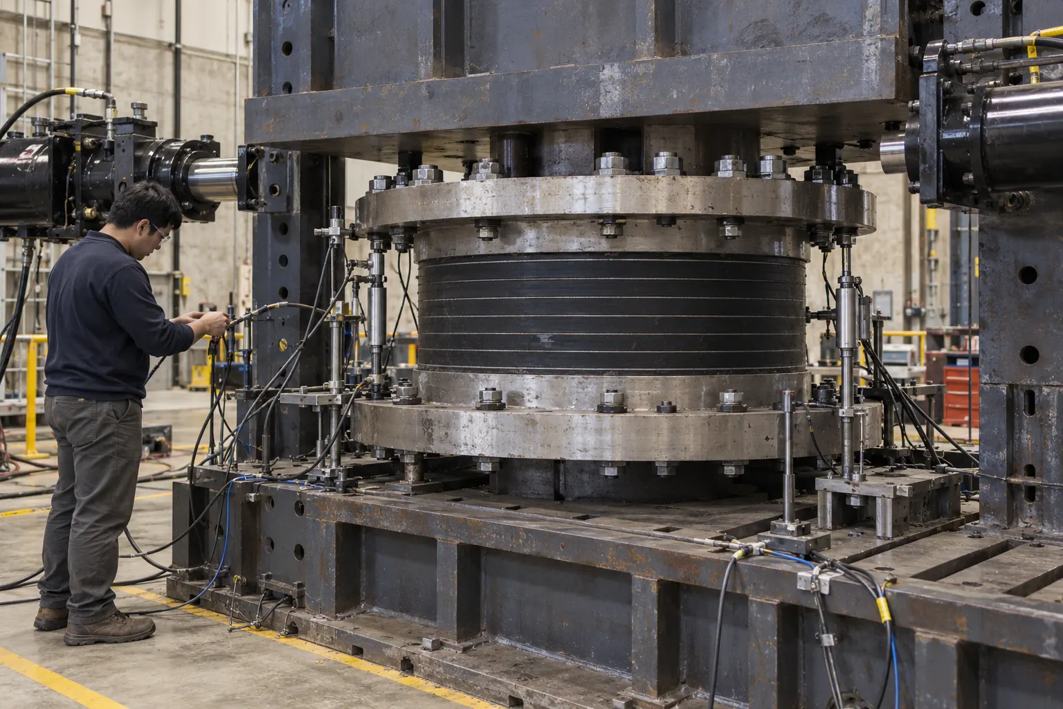 Lead rubber seismic isolation bearing mounted in a biaxial test machine in a laboratory